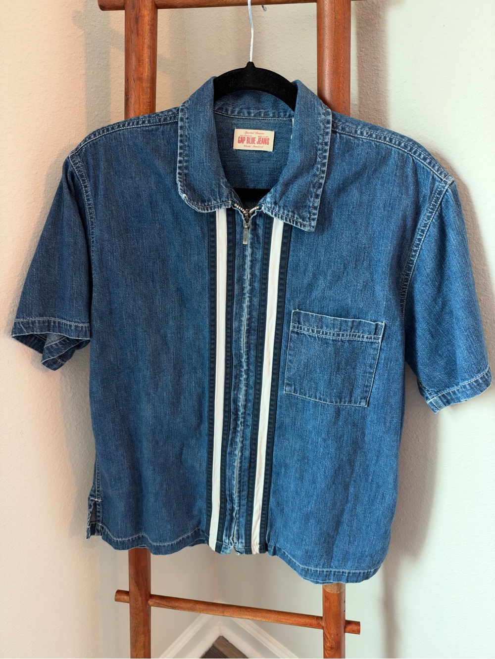 Gap Blue Striped Denim Zip-Front Shirt